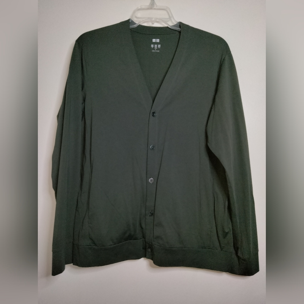 Uniqlo (Size L) Men's Dark Gray Cotton Blend V-Neck Button LS AIRism Cardigan